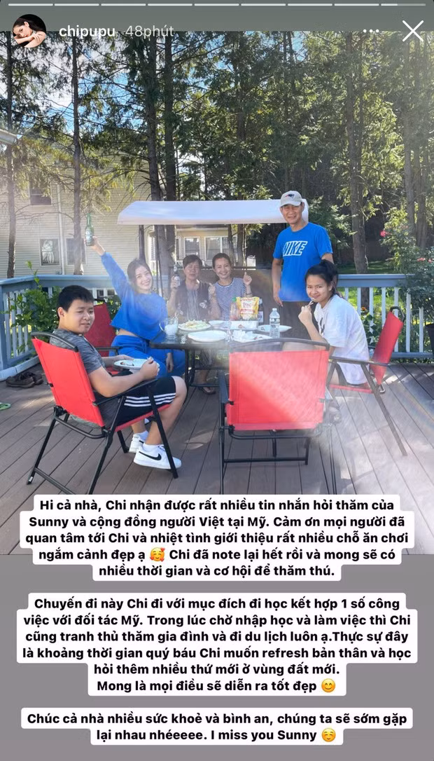 Chi Pu cho biết cô sang Mỹ để nhập học. Trong khoảng thời gian rảnh, nữ ca sĩ sẽ dành thời gian thăm gia đình và đi du lịch.
