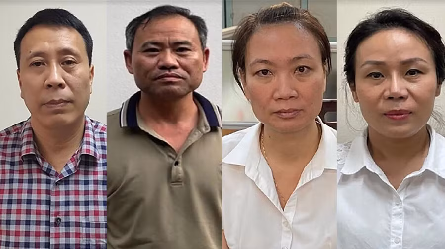 Từ trái qua, các bị can Đỗ Anh Tuấn, Bùi Văn Mận, Bùi Phương Thảo, Hoàng Thị Kim Loan.