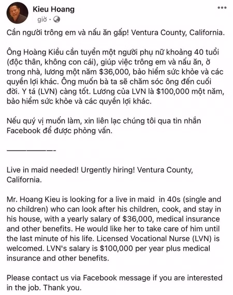 Bài đăng tuyển người chăm sóc gây xôn xao của tỷ phú Hoàng Kiều.