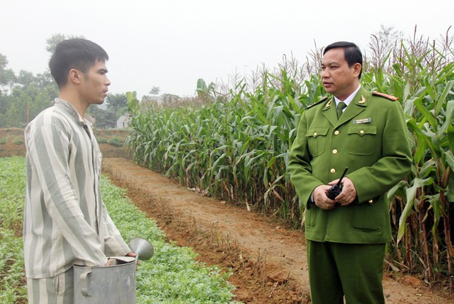 Giám thị trại giam số 3 thăm hỏi, động viên phạm nhân đang lao động ngoài đồng.