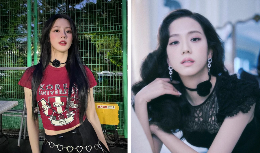 Jisoo (BLACKPINK) và (G)I-DLE Miyeon đeo chocker màu đen đính bông hoa đầy nữ tính. Jisoo (BLACKPINK) và (G)I-DLE Miyeon đeo chocker màu đen đính bông hoa đầy nữ tính.