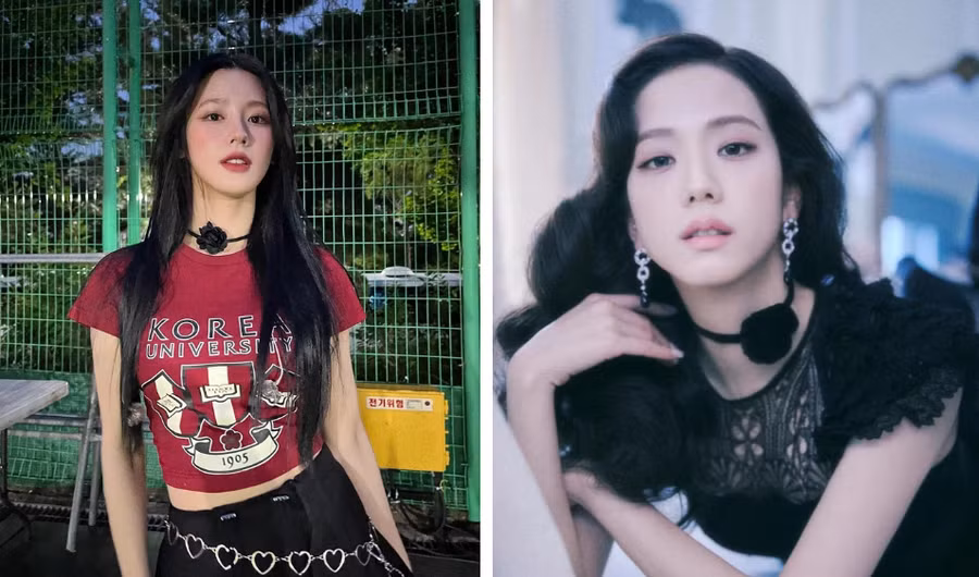 Jisoo (BLACKPINK) và (G)I-DLE Miyeon đeo chocker màu đen đính bông hoa đầy nữ tính.