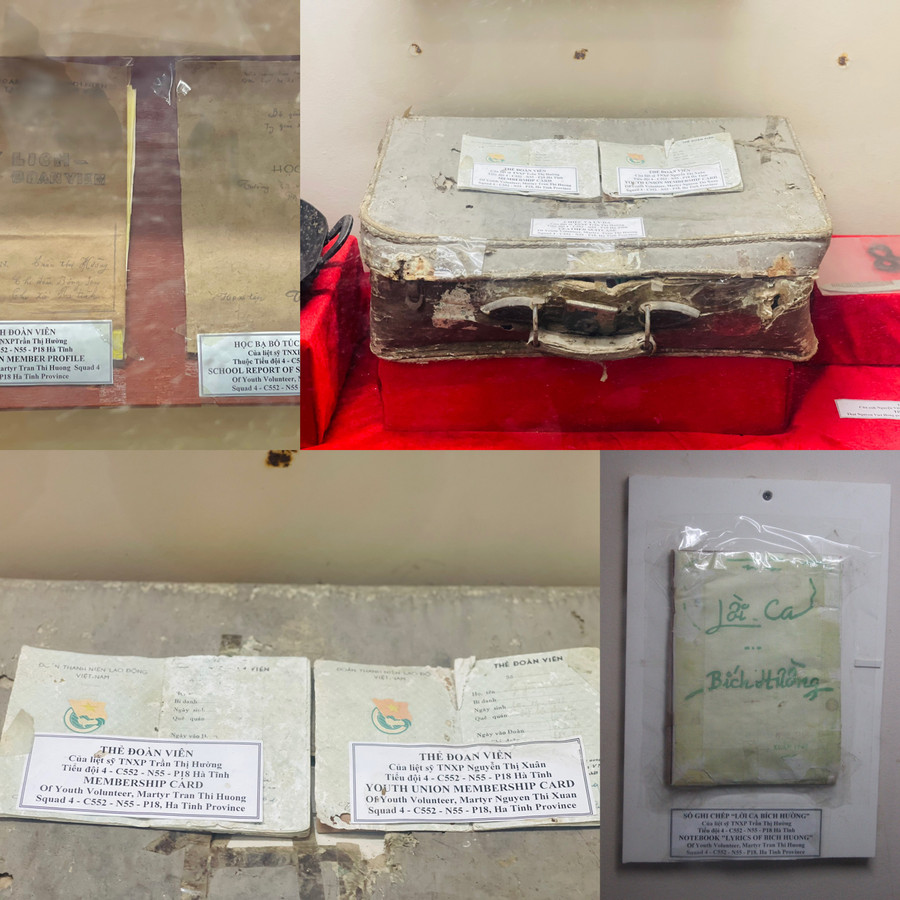 Phần lớn những kỷ vật của chị Trần Thị Hường được người cậu cất giữ lại, trong đó có chiếc vali, học bạ, sổ đoàn viên, sổ hát...
