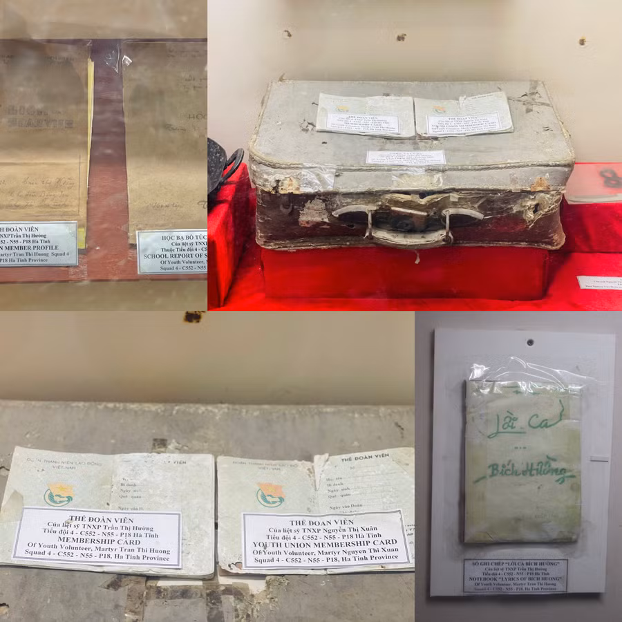Phần lớn những kỷ vật của chị Trần Thị Hường được người cậu cất giữ lại, trong đó có chiếc vali, học bạ, sổ đoàn viên, sổ hát...
