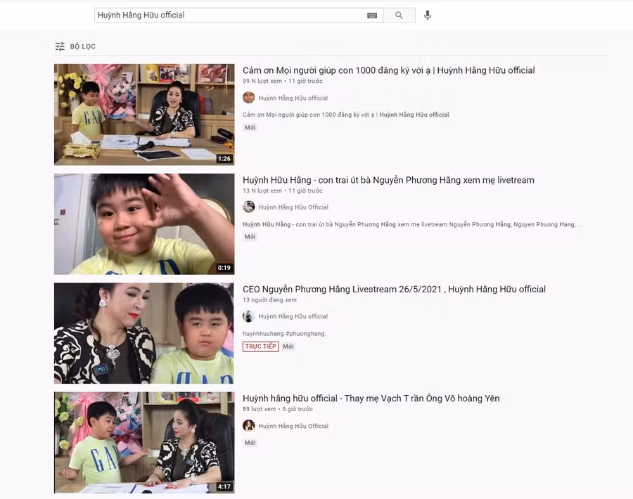 Nhiều kênh YouTube giả mạo tài khoản con trai bà Phương Hằng đã được lập nên nhằm câu kéo người xem.
