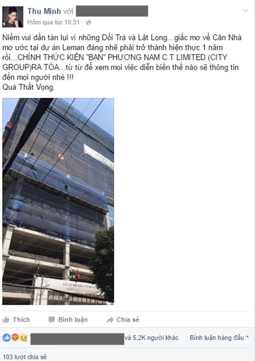 Ca sĩ Thu Minh và C.T group ‘tố’ nhau vì trễ hẹn giao căn hộ trăm tỷ - Ảnh 1 Ca sĩ Thu Minh và C.T group ‘tố’ nhau vì trễ hẹn giao căn hộ trăm tỷ - Ảnh 1