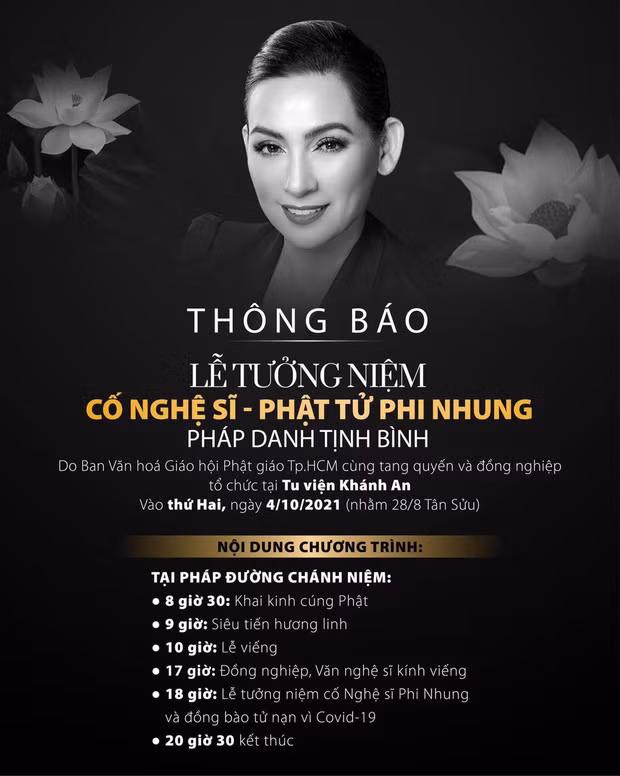 Thông tin về lễ tưởng niệm nữ ca sĩ Phi Nhung tại Tu viện Khánh An.