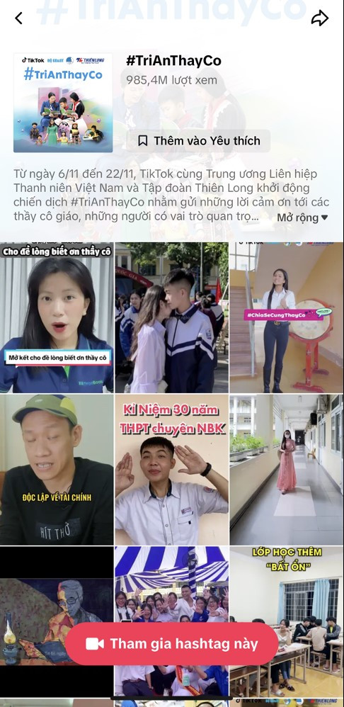 #TriAnThayCo – top 3 chiến dịch ấn tượng nhất Việt Nam trên TikTok trong tháng 11 và tháng 12 do TikTok Việt Nam, Trung ương Liên hiệp thanh niên Việt Nam và Tập đoàn Thiên Long tổ chức.