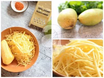 Xoài xanh gọt vỏ, bào sợi nhỏ.