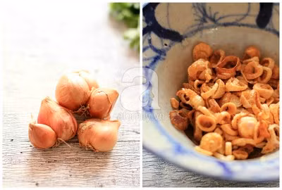 Hành khô bóc vỏ, thái nhỏ, phi thơm, giòn.