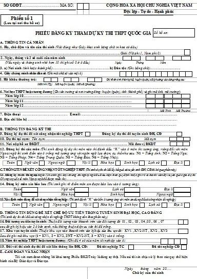 Phiếu đăng ký tham dự kỳ thi THPT quốc gia Phiếu đăng ký tham dự kỳ thi THPT quốc gia