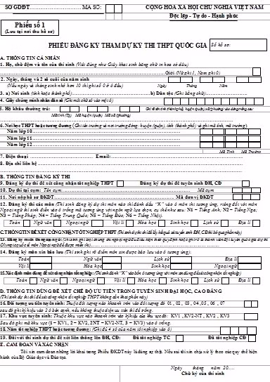 Phiếu đăng ký tham dự kỳ thi THPT quốc gia