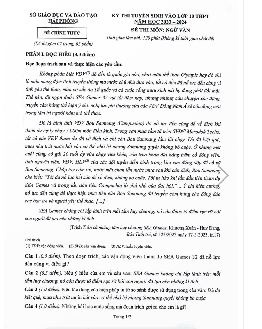 Đề thi chính thức môn Ngữ văn trong kì thi tuyển sinh vào lớp 10 năm học 2023-2024 của TP Hải Phòng (trang 1). Đề thi chính thức môn Ngữ văn trong kì thi tuyển sinh vào lớp 10 năm học 2023-2024 của TP Hải Phòng (trang 1).