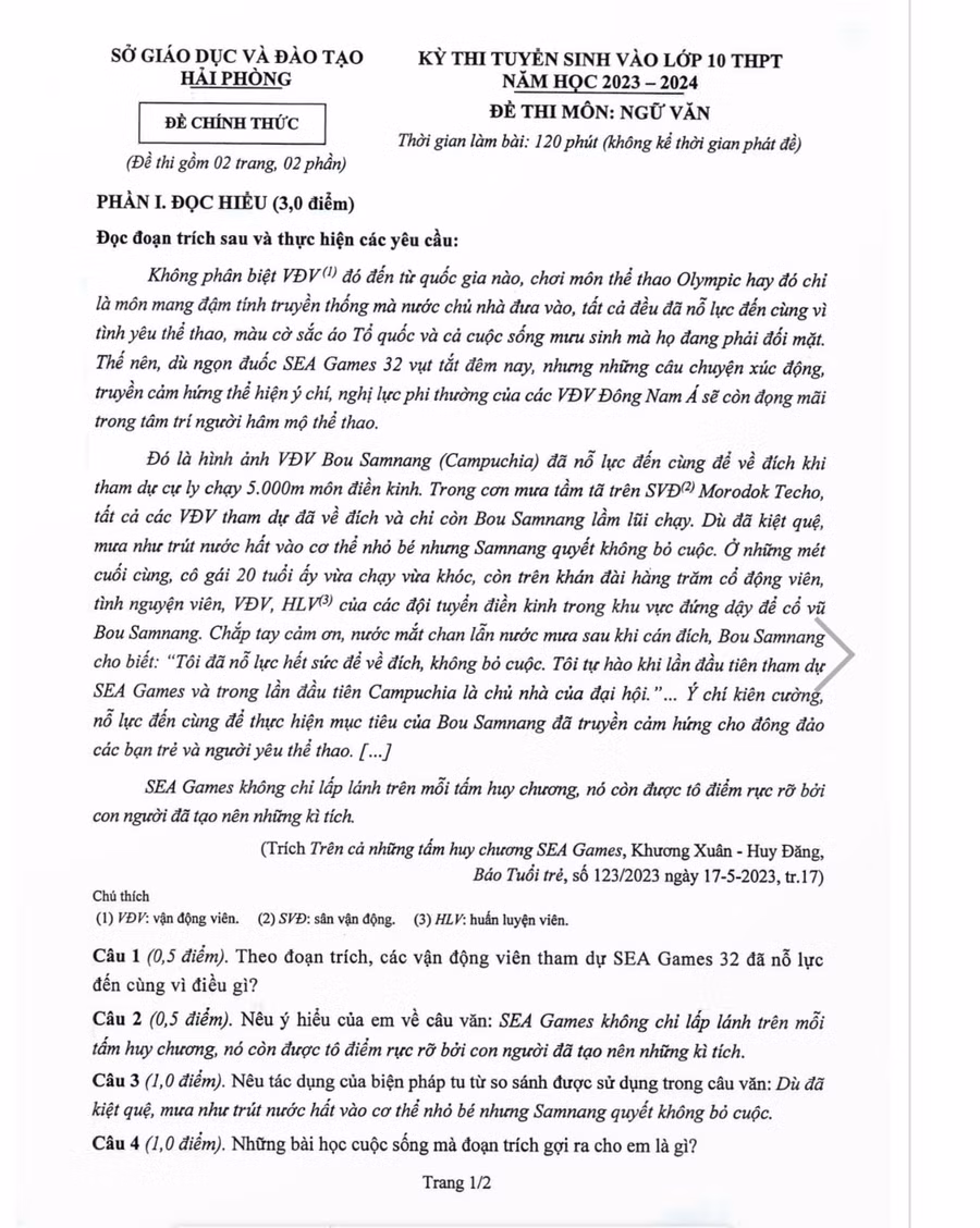 Đề thi chính thức môn Ngữ văn trong kì thi tuyển sinh vào lớp 10 năm học 2023-2024 của TP Hải Phòng (trang 1).
