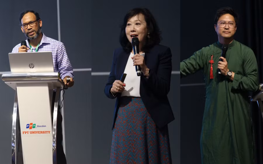 Từ trái sang: PGS. Obaid Hamid (ĐH Queensland, Úc); GS. ZhaoHong Han (ĐH Columbia, Mỹ); Giáo sư bậc 1 Thanis Tangkitjaroenkun (ĐH Công nghệ Thonburi, Thái Lan) diễn giả tại hội thảo.