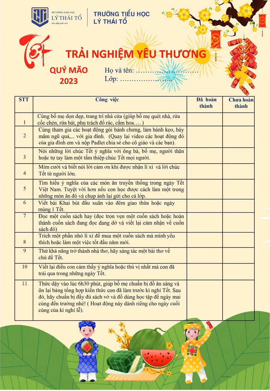 Phiếu cô Nguyễn Thị Dịu gửi học sinh trước nghỉ Tết.