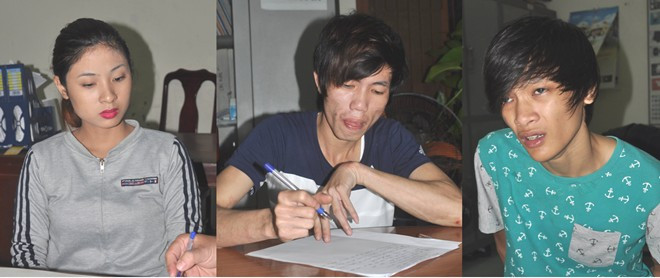 Quý, Nhân và Triều (từ trái sang) tại cơ quan công an. Từ trái sang phải: Quý, Nhân và Triều tại cơ quan công an.