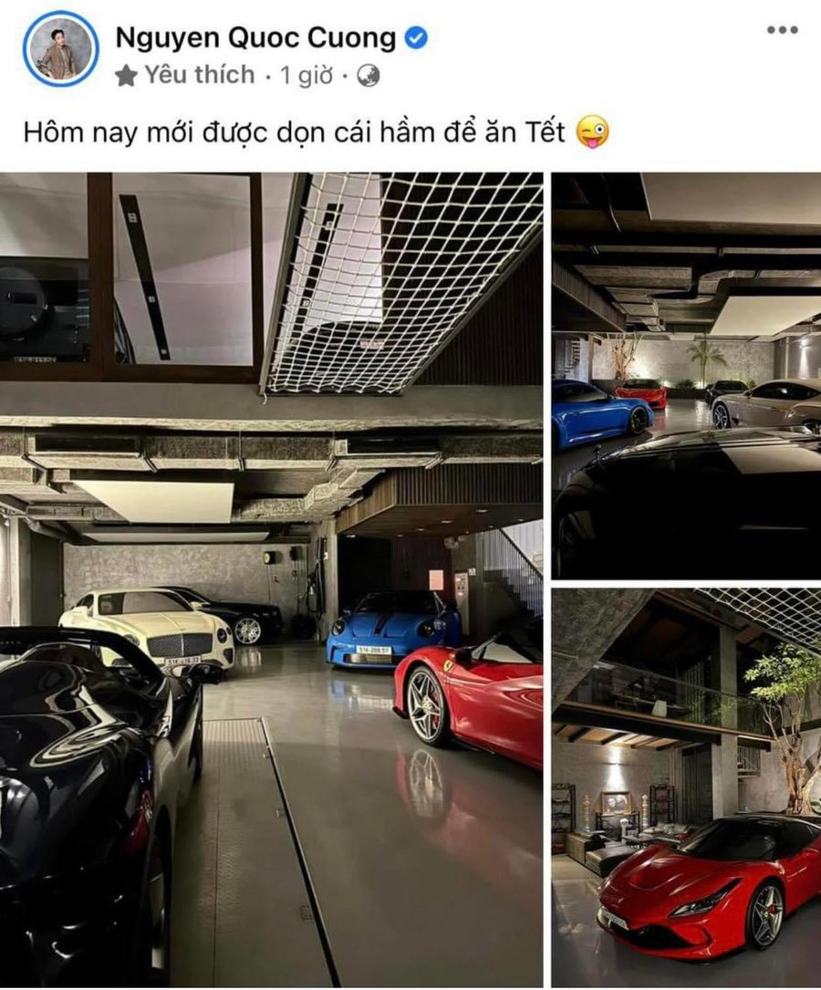 Gia đình doanh nhân Quốc Cường - người mẫu Đàm Thu Trang trang hoàng sân trước thành khu vườn xuân, có nhiều góc chụp ảnh. Đặc biệt, đại gia phố núi còn hé mở một góc hầm chứa toàn siêu xe.