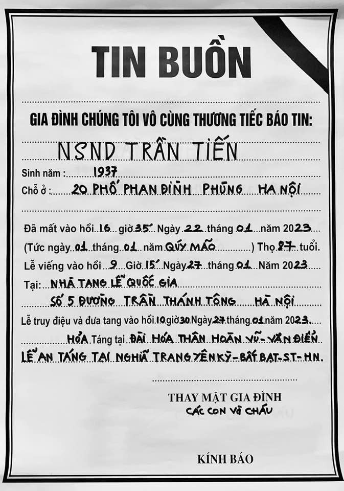 Thông tin tang lễ của NSND Trần Tiến ảnh 1