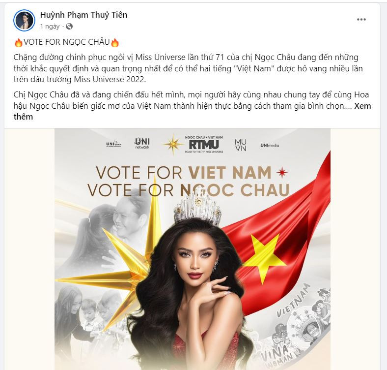 Á hậu Thủy Tiên cho biết, chặng đường chinh phục ngôi vị Miss Universe lần thứ 71 của Ngọc Châu đang đến những thời khắc quyết định nên rất cần mọi người cùng chung tay bình chọn.