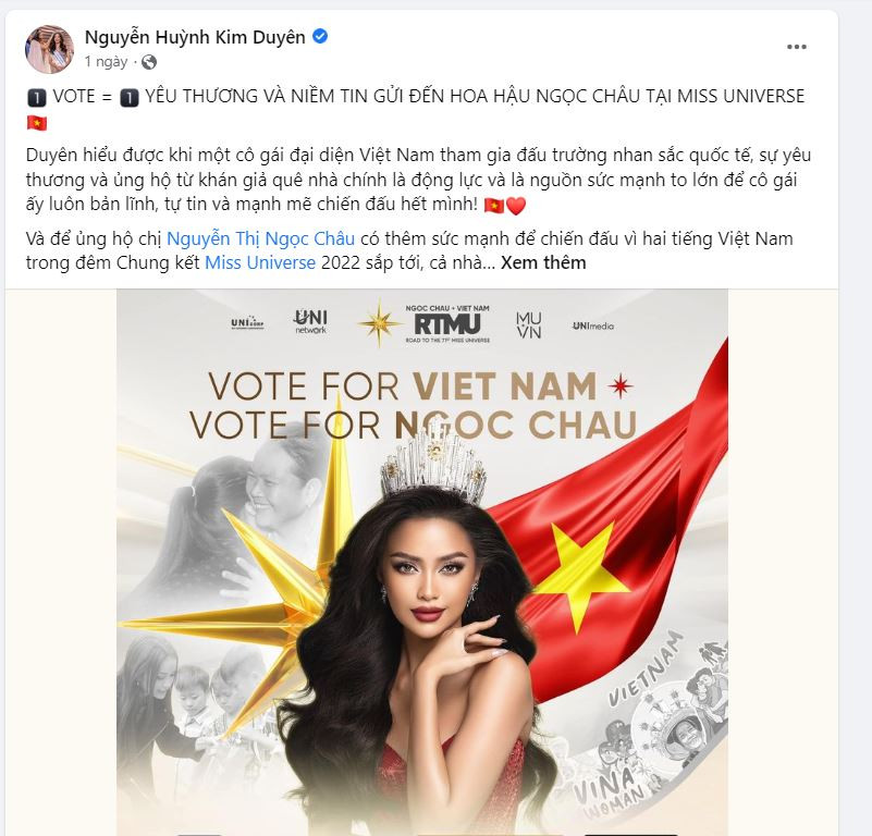 Á hậu Kim Duyên chia sẻ: &quot;Chúng ta càng tạo nhiều động lực sẽ tiếp thêm nhiều năng lượng hơn đến với Ngọc Châu để hai tiếng VIỆT NAM vang cao hơn nữa. Duyên hiểu đâu chính là động lực để một cô gái tham gia đấu trường quốc tế có thể làm điều này, chính là khán giả ủng hộ tại quê nhà tiếp thêm sức mạnh để thêm phần tự tin bản lĩnh cháy hết mình trên sân khấu Miss Universe&quot;.