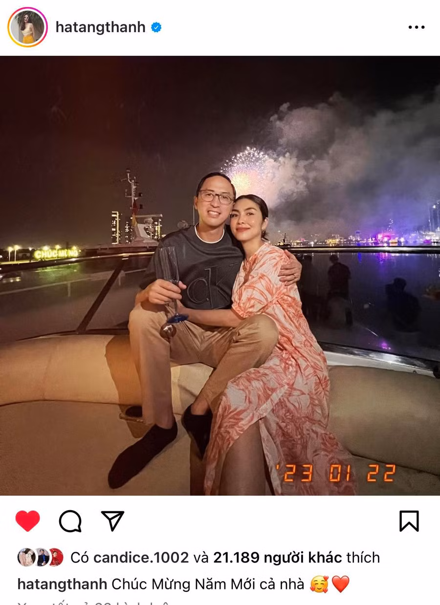 "Ngọc nữ" Tăng Thanh Hà chia sẻ bức ảnh vô cùng hạnh phúc cùng chồng thiếu gia kèm lời chúc mừng năm mới tới tất cả mọi người.