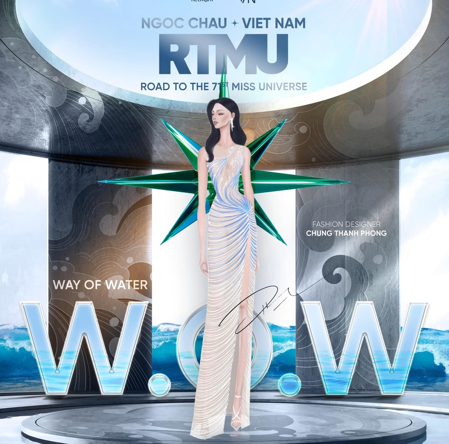 Mẫu váy dạ hội thứ 2 có tên "W.o.W - Way of Water". Mẫu váy dạ hội thứ 2 có tên "W.o.W - Way of Water".