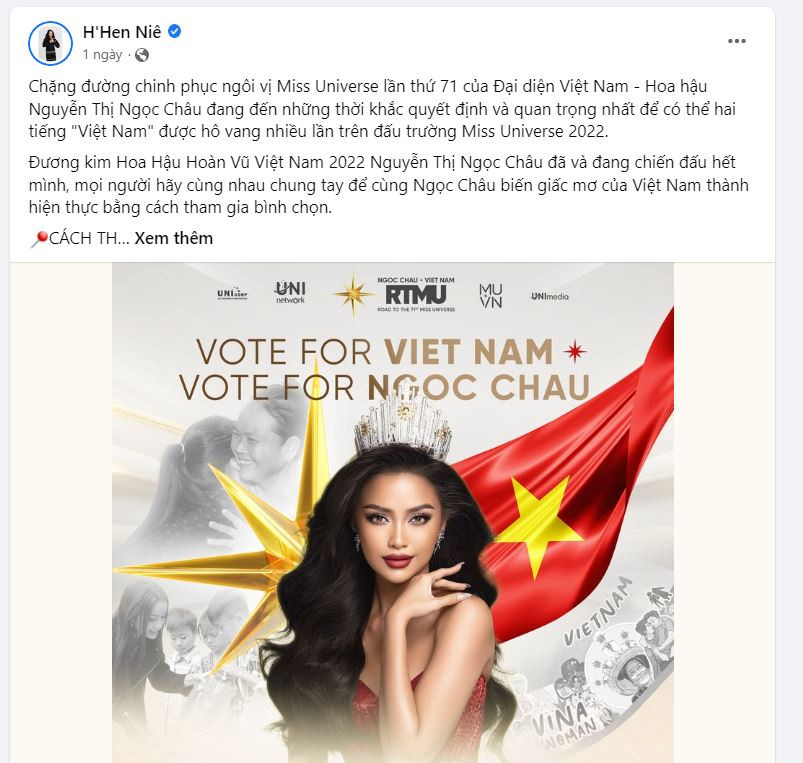 H&apos;Hen Niê kêu gọi mọi người hãy cùng nhau chung tay để biến giấc mơ của Việt Nam thành hiện thực bằng cách tham gia bình chọn cho Ngọc Châu.