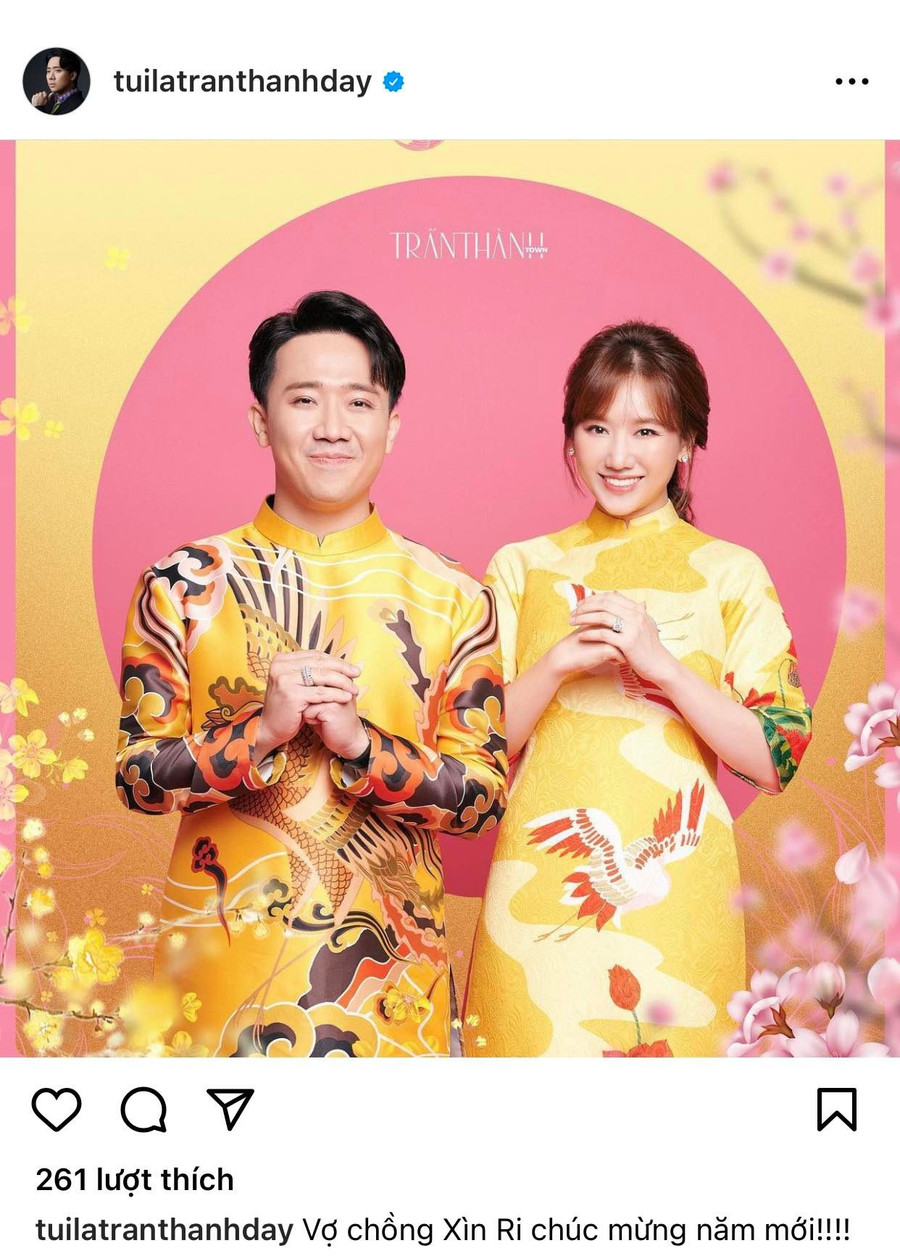 Vợ chồng MC Trấn Thành - Hari Won gửi lời chúc mừng năm mới tới tất cả mọi người. Vợ chồng MC Trấn Thành - Hari Won gửi lời chúc mừng năm mới tới tất cả mọi người.