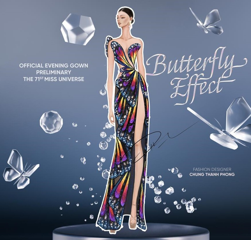 Bản vẽ bộ đầm dạ hội có tên Butterfly Effect được lấy cảm hứng từ vẻ đẹp của những cánh bướm với thông điệp “hiệu ứng cánh bướm”.