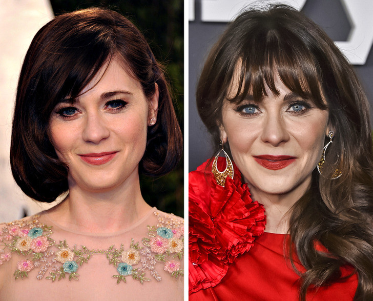 Diễn viên Zooey Deschanel năm 2013 và 2022. Diễn viên Zooey Deschanel năm 2013 và 2022.