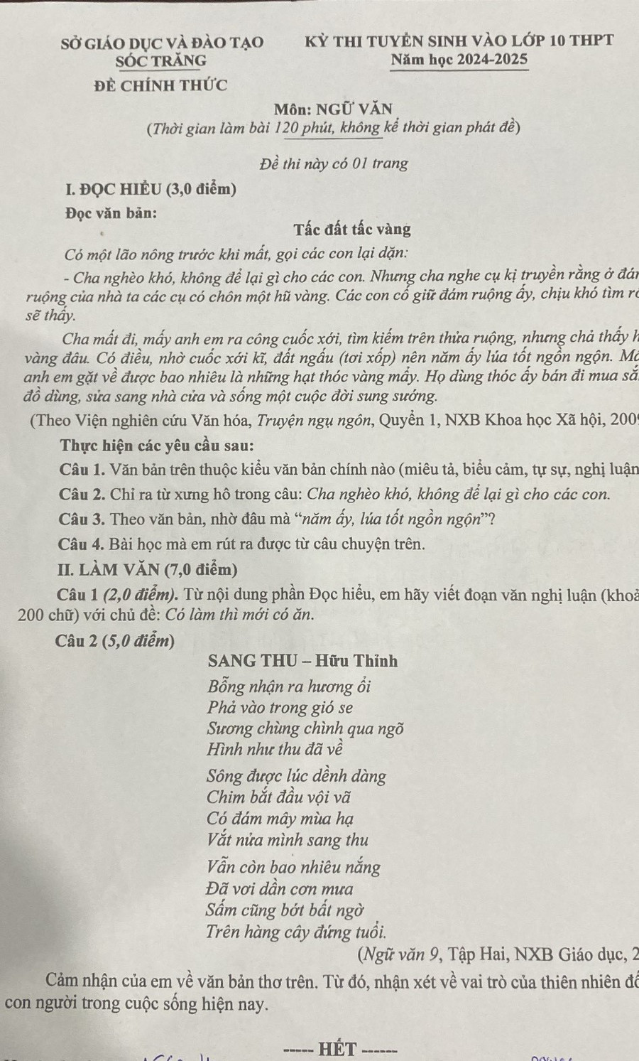 Đề thi Ngữ văn tuyển sinh lớp 10 tỉnh Sóc Trăng.