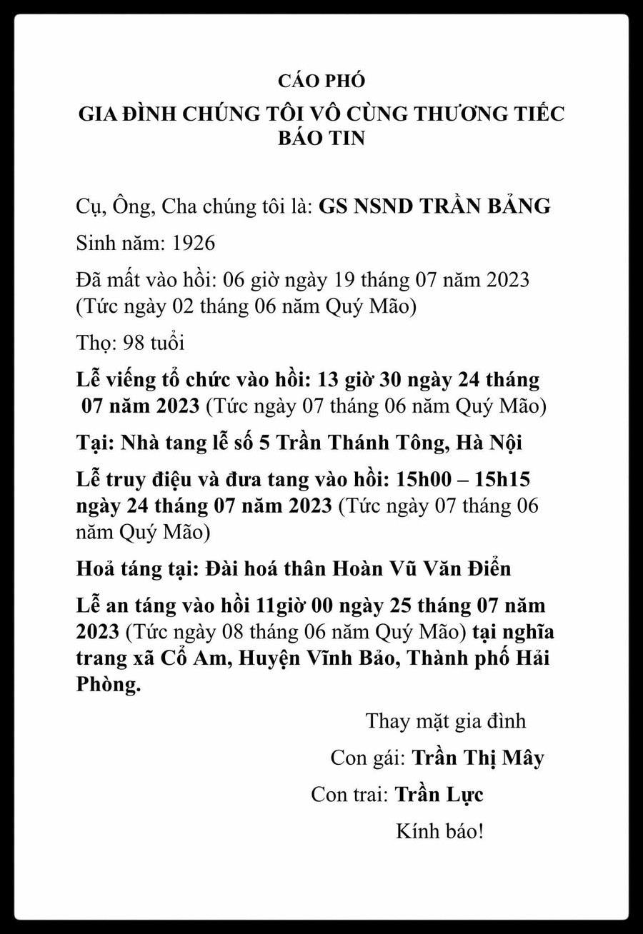 Thông tin tang lễ của GS. NSND Trần Bảng. Thông tin tang lễ của GS. NSND Trần Bảng.