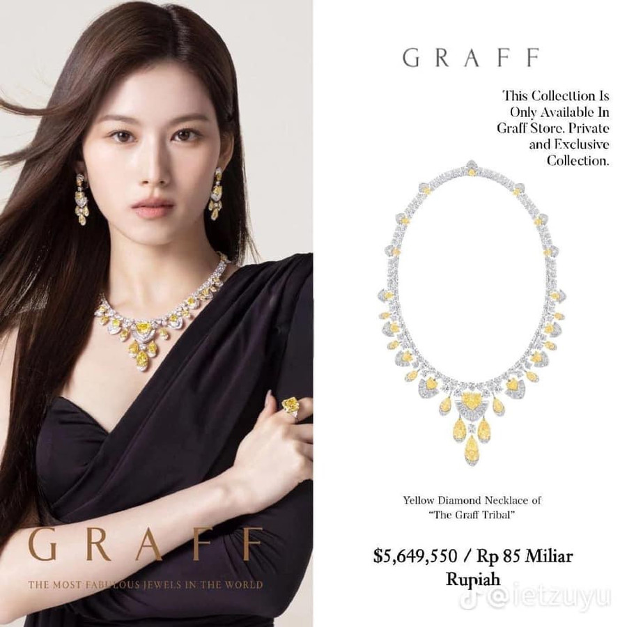 Sana gây ấn tượng mạnh mẽ với chiếc vòng cổ kim cương vàng The Graff Tribal từ thương hiệu Graff có trị giá 5.649.550 USD (khoảng 133 tỷ đồng).