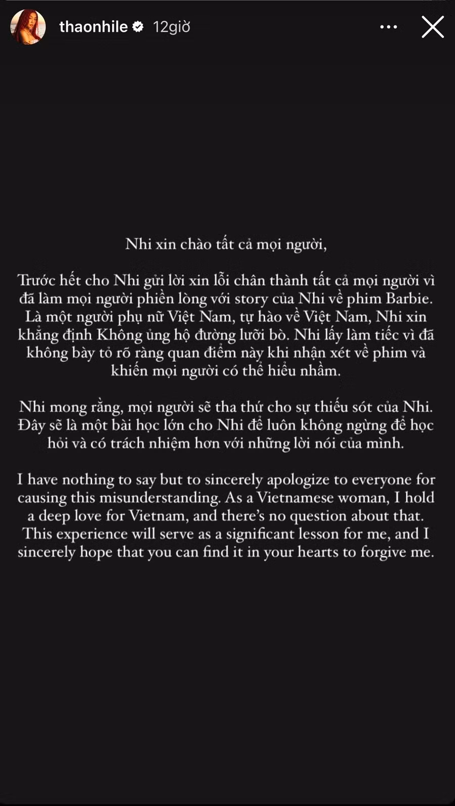 Á hậu Thảo Nhi Lê gửi lời xin lỗi tới khán giả sau bài đăng khen phim Barbie. Á hậu Thảo Nhi Lê gửi lời xin lỗi tới khán giả sau bài đăng khen phim Barbie.