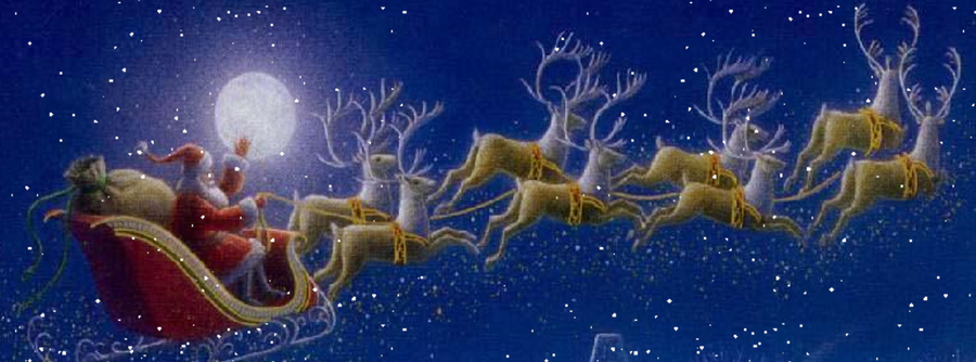 Ông già Noel cưỡi tuần lộc đi phát quà. Ảnh: Joyeux Noel. Jozy: Merry Christmas (video 2008).