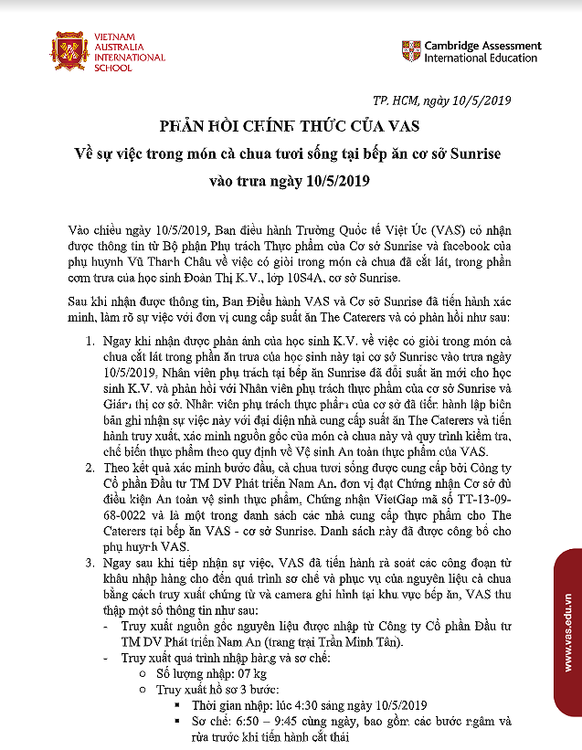 Phản hồi của trường về việc một phụ huynh phản ánh Phản hồi của trường về việc một phụ huynh phản ánh