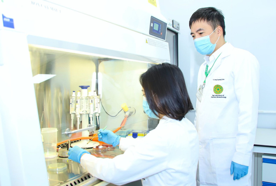 Giảng viên và sinh viên Học viện Nông nghiệp Việt Nam trong phòng Lab. Ảnh: NTCC