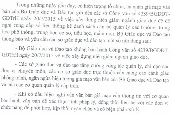 Văn bản cảnh báo của Bộ GD&ĐT