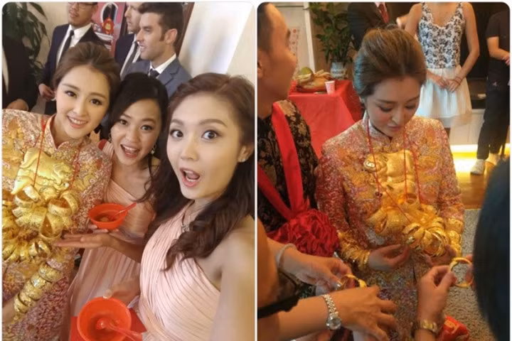 Hoa hậu Hong Kong đeo vàng trĩu cổ trong ngày cưới