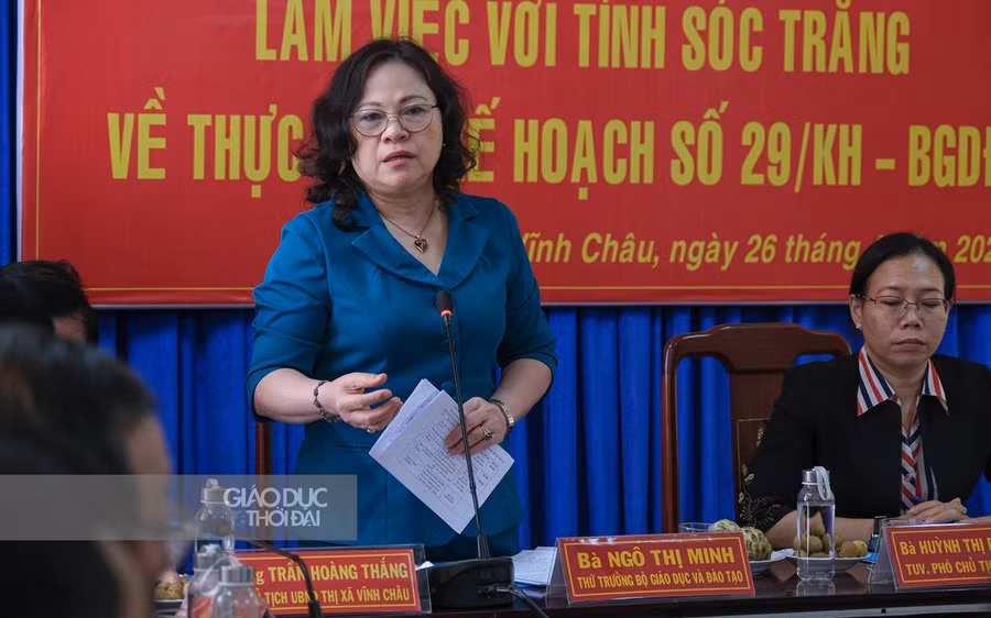 Thứ trưởng Ngô Thị Minh phát biểu tại buổi làm việc.