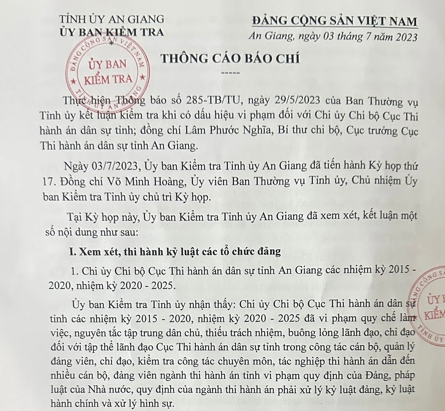 Thông cáo báo chí từ UBKT Tỉnh ủy An Giang.