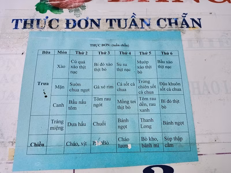Thực đơn được Trường Mầm non Nghĩa Dõng niêm yết công khai.