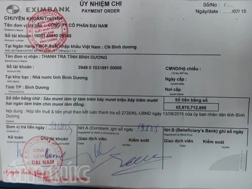Vụ phạt tiền thuế Bình Dương: Đại Nam nộp kho bạc trên 65,8 tỷ đồng