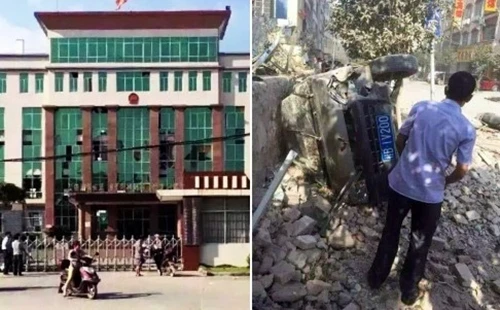 Tòa nhà chính quyền và một chiếc ôtô bị thiệt hại trong vụ nổ. Ảnh: Weibo