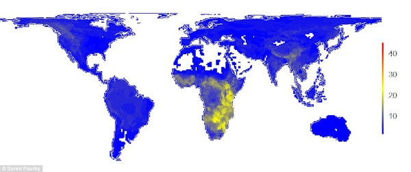 Bản đồ cho thấy Châu Phi hiện nay là nơi duy nhất có được sự đa dạng động vật tự nhiên