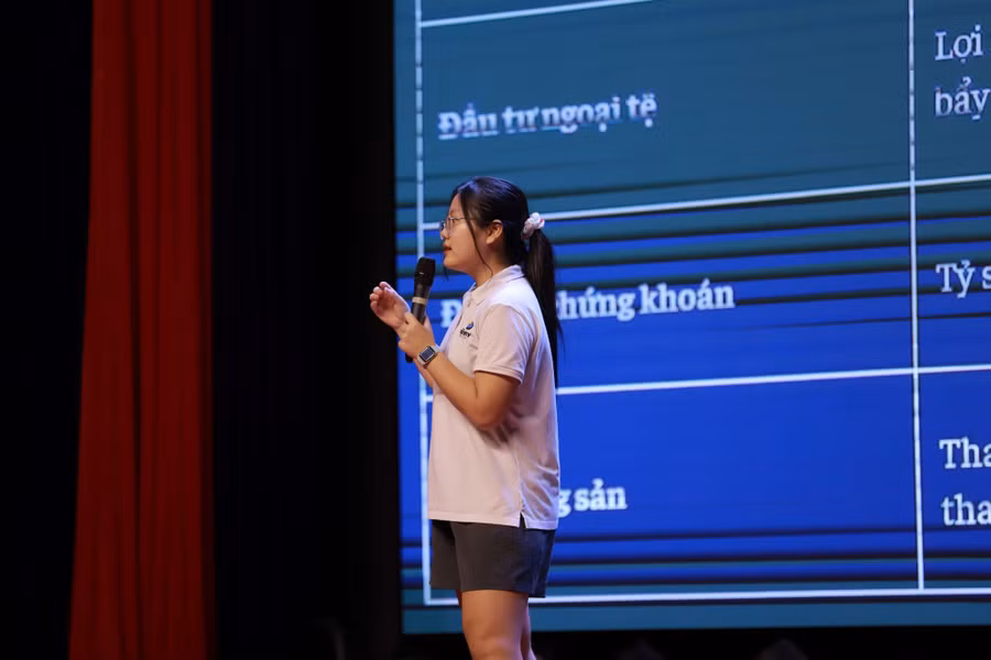 Học sinh tự tin báo cáo dự án đầu tư.