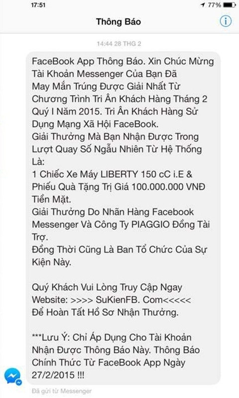 Tin nhắn trúng thưởng hướng người nhận truy cập vào một trang web để hoàn tất hồ sơ nhận giải