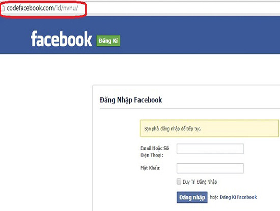 Trang web giả mạo với địa chỉ codefacebook.com có giao diện giống hệt trang đăng nhập của Facebook.