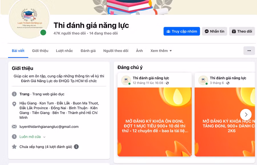 Một nhóm luyện thi đánh giá năng lực, giới thiệu đề thi và các khóa ôn luyện trên mạng. Ảnh: INT